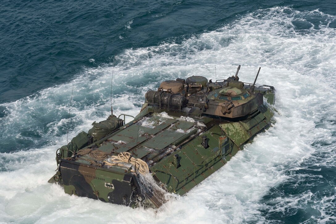 An amphibious assault vehicle (AAV) attached to the 31st Marine Expeditionary Unit (MEU), launches from amphibious dock landing ship USS Ashland (LSD 48) during an amphibious capabilities demonstration rehearsal in support of exercise Cobra Gold (CG) 16. Ashland is assigned to the Bonhomme Richard Ready Group, and is participating in exercise CG 16, a Thai-U.S. co-sponsored multinational joint exercise designed to advance regional security by exercising a robust multinational force from nations sharing common goals and security commitments in the Indo-Asia-Pacific region.