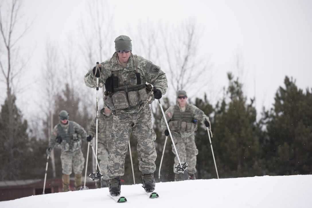 Soldiers participate in cross-country skiing at Ethan Allen Firing Range, Jericho, Vt., Feb. 6, 2016. Vermont Army National Guard photo by Tech. Sgt. Sarah Mattison