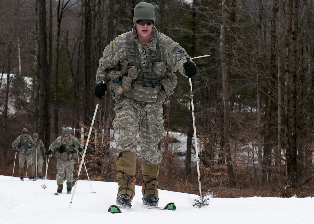 Soldiers participate in cross-country skiing at Ethan Allen Firing Range, Jericho, Vt., Feb. 6, 2016. Vermont Army National Guard photo by Spc. Avery Cunningham