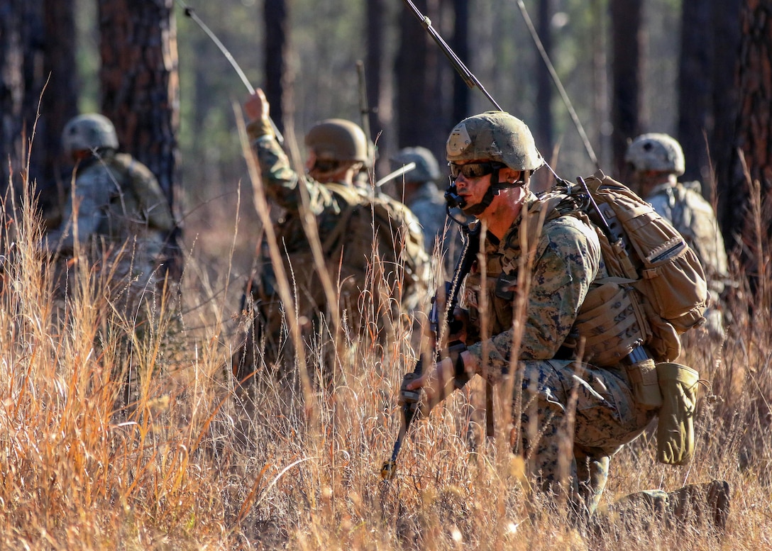 Paratroopers watch for opposing forces while moving toward an objective at the Joint Readiness Training Center’s Peason Ridge on Fort Polk, La., Feb. 13, 2016. Army photo by Staff Sgt. Sean Brady
