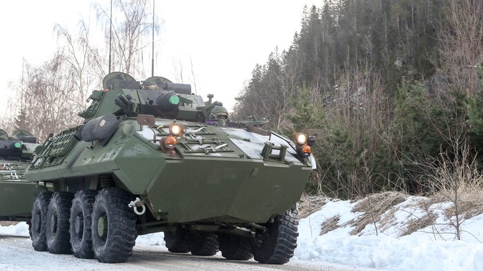A light armored vehicle awaits transportation by rail at Hell Station in Hell, Norway, Feb. 12, 2016. The rail operations were in preparation for Exercise Cold Response 16, comprised of 13 allied and partner nations, and over 16,000 troops, starting later this month. 