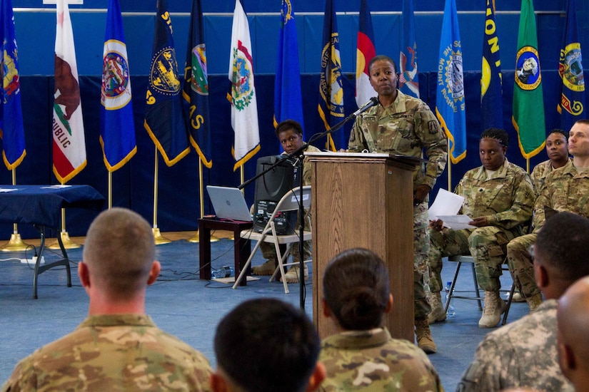 During the SHARP graduation ceremony, 335th Signal Command Command Sgt. Maj. Sharon R. Campbell shared a personal experience she had in 1981 as a young 18-year-old at her first duty station in Korea. She challenged the new SHARP graduates to take the training and expertise they have gained and establish an effective and innovative program for their Soldiers, at their respective units. (U.S. Army photo by Sgt. David N. Beckstrom, 19th Public Affairs Detachment, U.S. Army Central)