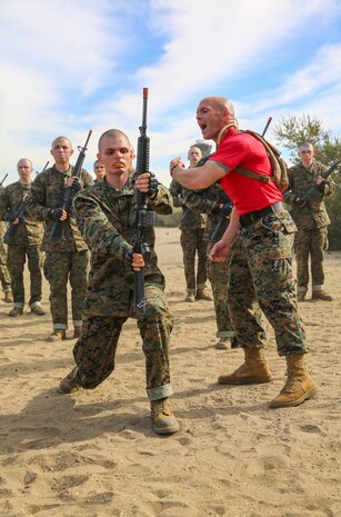A recruit of Alpha Company, 1st Recruit Training Battalion, practices the mid-block technique during a Marine Corps Martial Arts Program session at Marine Corps Recruit Depot San Diego, Feb. 10. The recruits also learned the high block, low block, left-side block and right-side block. Annually, more than 17,000 males recruited from the Western Recruiting Region are trained at MCRD San Diego. Alpha Company is scheduled to graduate April 22.