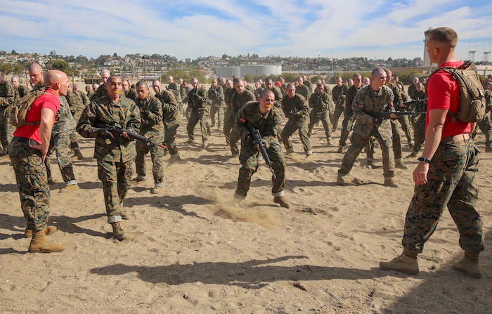 Recruits of Alpha Company, 1st Recruit Training Battalion, practice the vertical slash technique during a Marine Corps Martial Arts Program session at Marine Corps Recruit Depot San Diego, Feb. 10. One of the purposes of MCMAP is to teach recruits basic offensive and defensive techniques, which gives them the opportunity to master the moves in preparation for the MCMAP test later in training. Annually, more than 17,000 males recruited from the Western Recruiting Region are trained at MCRD San Diego. Alpha Company is scheduled to graduate April 22.