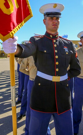 Private First Class Casey A. Devlin, Platoon 1035, Bravo Company, 1st Recruit Training Battalion, stands at parade rest prior to graduation at Marine Corps Recruit Depot San Diego, Feb. 12. Devlin is a Reno, Nev., native and was recruited out of Recruiting Station Sacramento. Annually, more than 17,000 males recruited from the Western Recruiting Region are trained at MCRD San Diego.