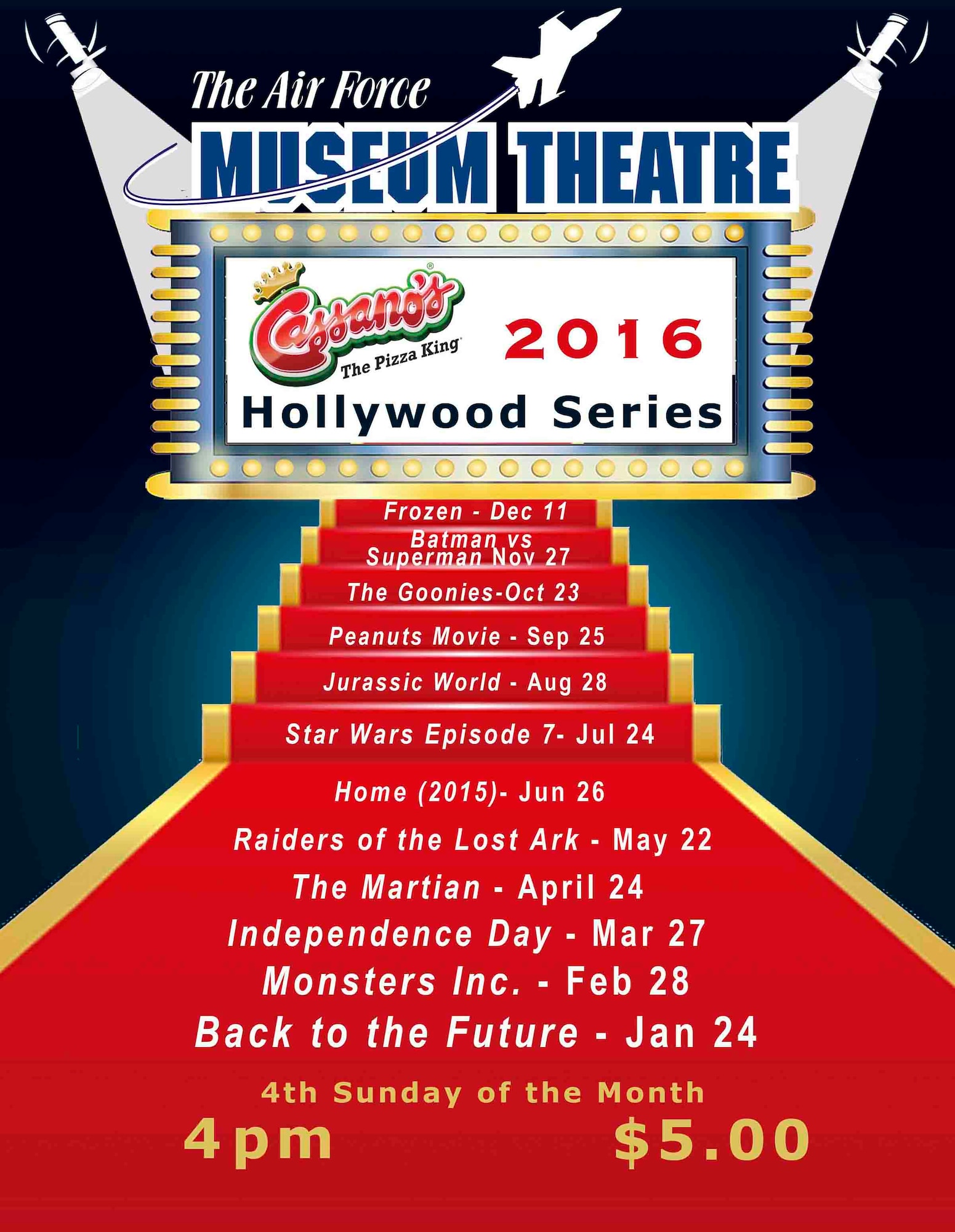 The Air Force Museum Theatre's 2016 Hollywood Film Series will feature Hollywood blockbusters and classic favorites on the largest screen in Southwest Ohio. Tickets are only $5 a person for each film, and all films will start at 4 p.m. on the fourth Sunday of each month (December movie is Dec. 11). (AFMF graphic - updated February 2016)