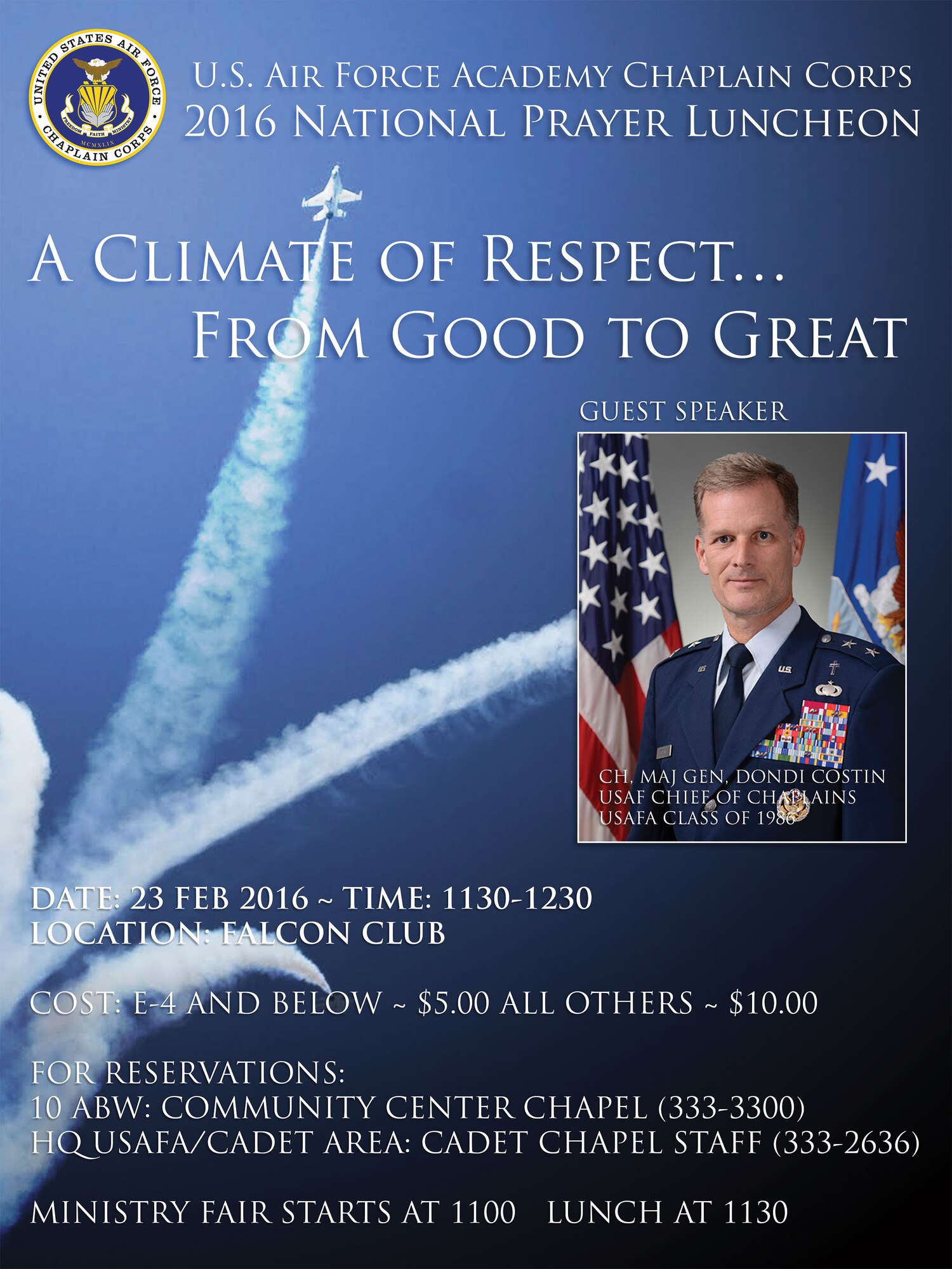 Informational advertisement for the USAFA 2016 National Prayer Luncheon