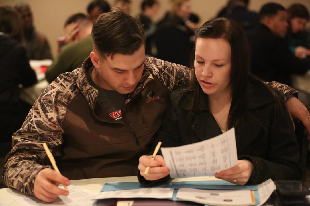 Corporal Nick Nelson and his wife, Sgt. Alice Nelson, review a personal inventory during the semi-annual Chaplain’s Religious Enrichment Development Operation Marriage Enrichment Retreat in New Bern, Feb. 5-6. More than 30 couples attended the retreat and participated in various relationship strengthening activities including: Hidden Keys to a Loving Relationship, The Love Bank, Love Busters and Love Builders. Nick is an airframes mechanic with Marine Medium Tiltrotor Squadron 365 and Alice is an aviation ordnance technician with Marine Aviation Logistics Squadron 14. (U.S. Marine Corps Photo by Sgt. Grace L. Waladkewics/Released)