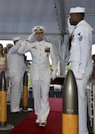 160212-N-LY160-031  JOINT BASE PEARL HARBOR-HICKAM, Hawaii (Feb. 12, 2016) Cmdr. John L. Croghan salutes sideboys during the change of command ceremony for the Los Angeles-class fast attack submarine USS Jefferson City (SSN 759) at the Battleship Missouri Memorial. (U.S. Navy photo by Mass Communication Specialist 2nd Class Michael H. Lee