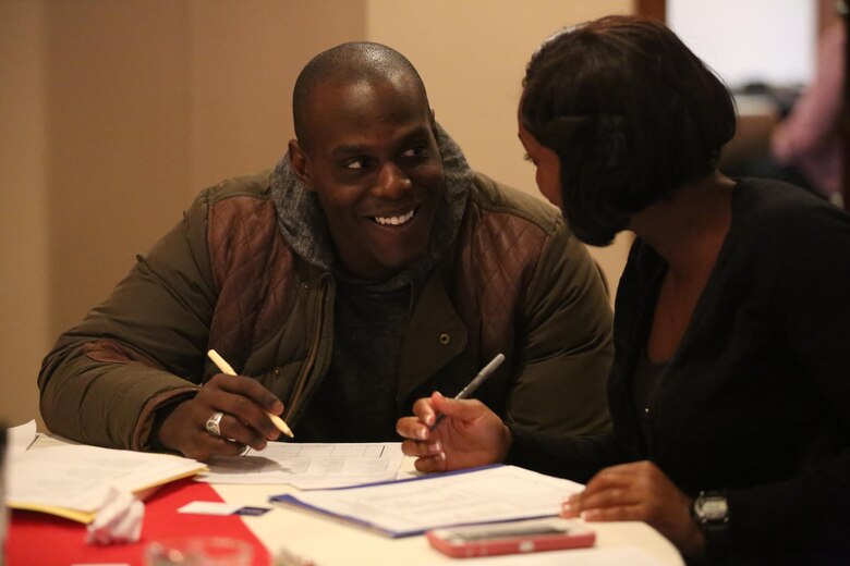Sgt. Dillon Daniels and his wife, Sgt. Krystal Daniels discuss an activity during the semi-annual Chaplain’s Religious Enrichment Development Operation Marriage Enrichment Retreat in New Bern, Feb. 5-6. More than 30 couples attended the retreat and participated in various relationship strengthening activities including: Hidden Keys to a Loving Relationship, The Love Bank, Love Busters and Love Builders. Dillon is an instructor at the Center for Naval Aviation and Technical Training and Krystal is a maintenance administration clerk with Marine Transport Squadron 1. (U.S. Marine Corps Photo by Sgt. Grace L. Waladkewics/Released)