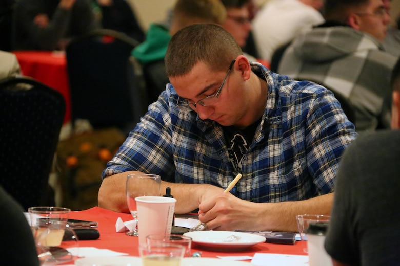 Lance Cpl. Stephen Dymczynski participates in an activity during a Single Marine Sailor Personal Growth Retreat in New Bern, N.C., Jan. 29-30, 2016. Marines and Sailors from across 2nd Marine Aircraft Wing gathered for a detailed seminar that encompassed basic skills like coping with stress, relationship building and self-awareness. The seminar was led by chaplains with 2nd MAW and focused on helping Marines and Sailors grow as individuals to get them mentally ready for forward deployment and to promote self-improvement.  Dymczynski is an engine mechanic with Marine Tactical Electronic Warfare Training Squadron 1. (U.S. Marine Corps photo by Cpl. N.W. Huertas/Released) 
