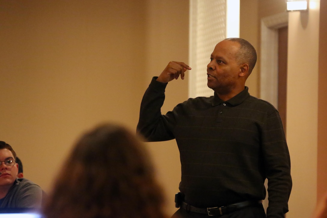 Commander Leroy Mack teaches during a Single Marine and Sailor Personal Growth Retreat in New Bern, N.C., Jan. 29-30, 2016. Marines and Sailors from across 2nd Marine Aircraft Wing gathered for a detailed seminar that encompassed basic skills like coping with stress, relationship building and self-awareness. The seminar was led by chaplains with 2nd MAW and focused on helping Marines and Sailors grow as individuals to get them mentally ready for forward deployment and to promote self-improvement.  Mack is a chaplain with Marine Aircraft Group 26. (U.S. Marine Corps photo by Cpl. N.W. Huertas/Released) 