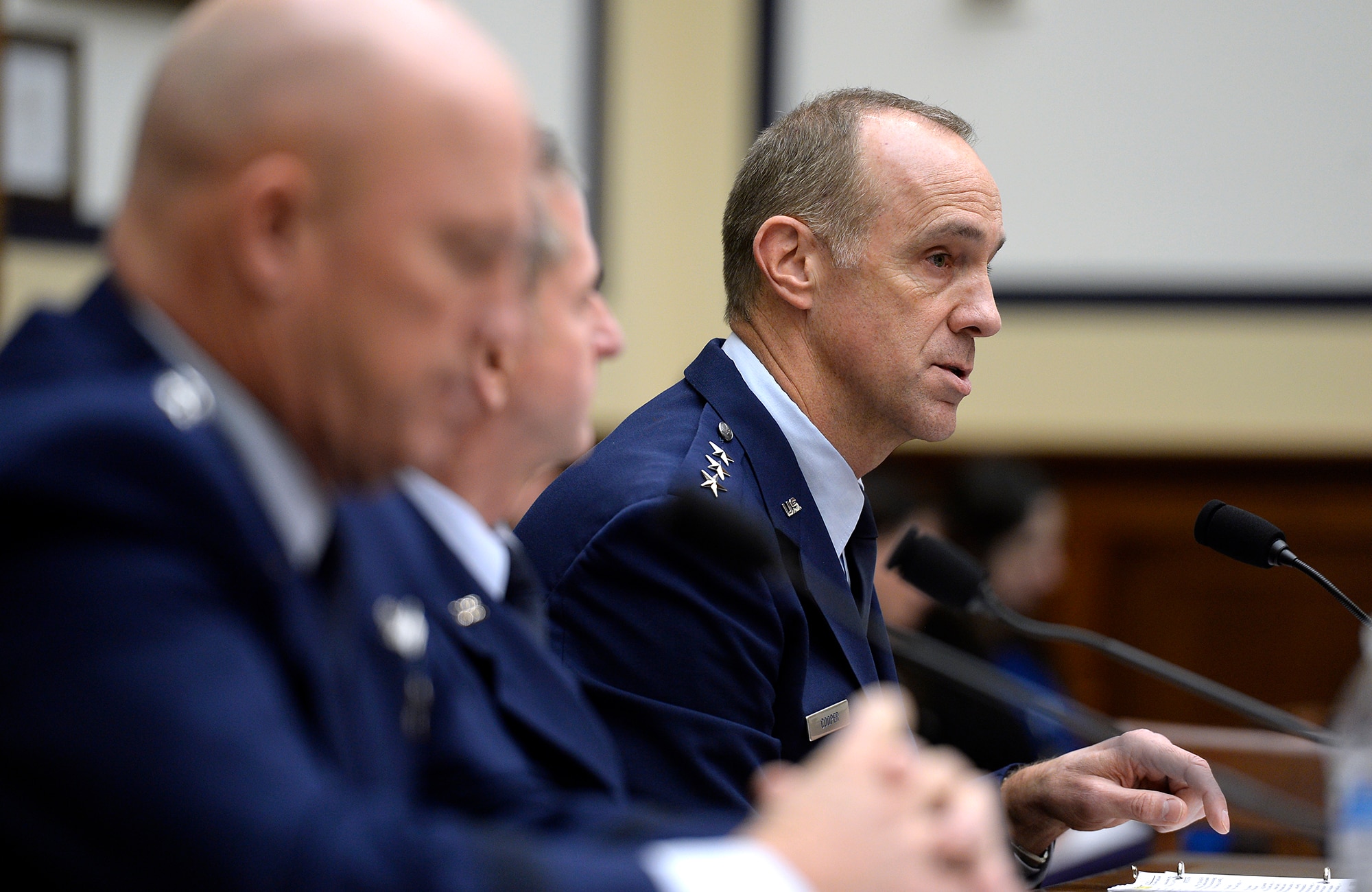 Air Force Vice Chief of Staff Gen. David Goldfein testifies before the House Armed Services Committee on the current readiness of the service in Washington, D.C., Feb. 12, 2016. Testifying with him were Lt. Gen. John Raymond, the Air Force deputy chief of staff for operations, and Lt. Gen. John Cooper, the deputy chief of staff for logistics, engineering and force protection. (U.S. Air Force photo/Scott M. Ash)
