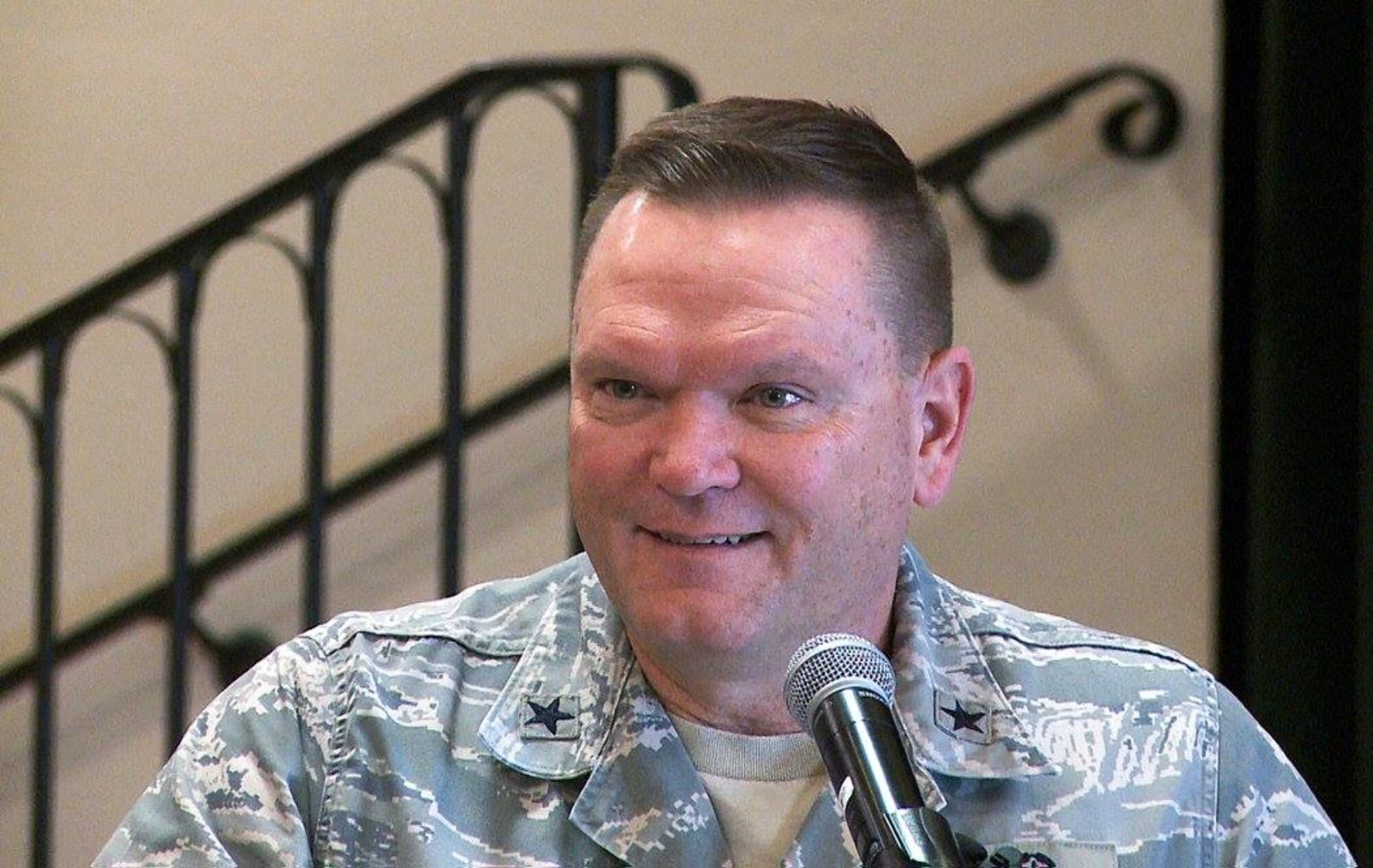 Brig. Gen. Samuel “Bo” Mahaney, Air Reserve Personnel Center commander, speaks to attendees during a breakfast honoring ARPC’s annual award winners Feb. 16, 2016, at the Heritage Eagle Bend Country Club in Aurora, Colo. (U.S. Air Force photo/Quinn Jacobson)
