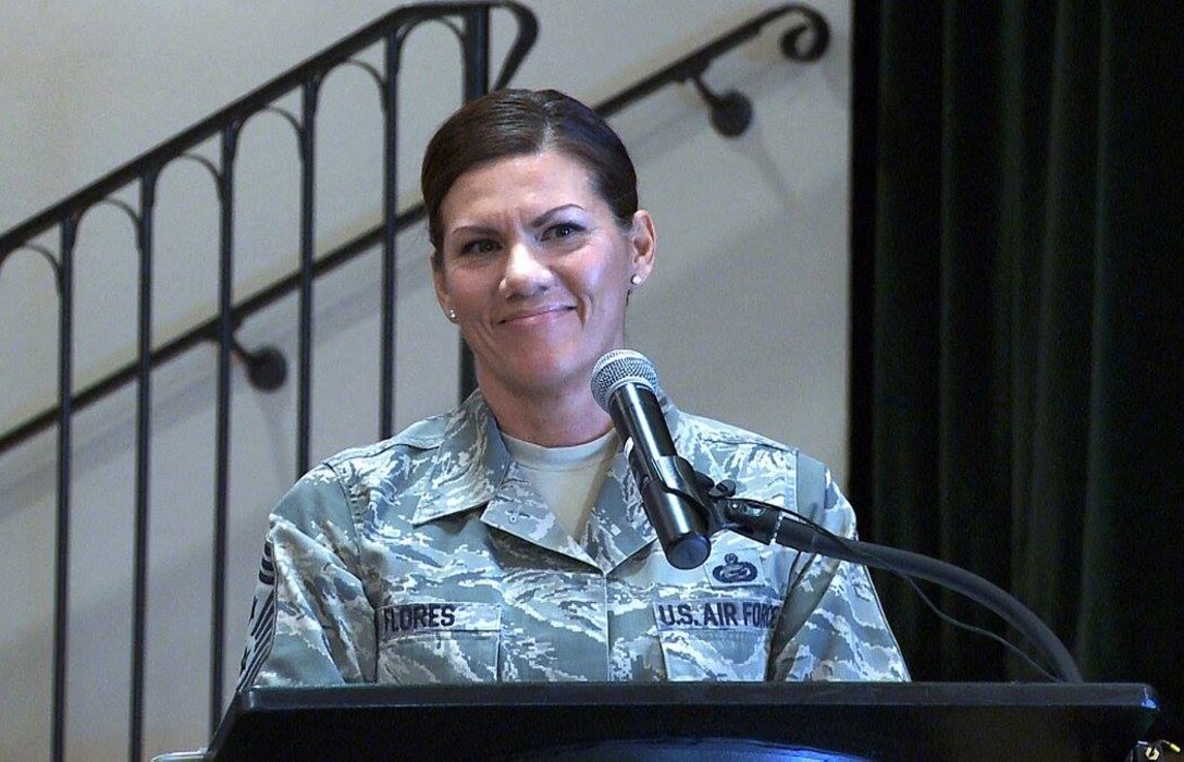 Chief Master Sgt. Ruthe Flores, Air Reserve Personnel Center command chief, speaks to attendees during a breakfast honoring ARPC’s annual award winners Feb. 16, 2016, at the Heritage Eagle Bend Country Club in Aurora, Colo. (U.S. Air Force photo/Quinn Jacobson)