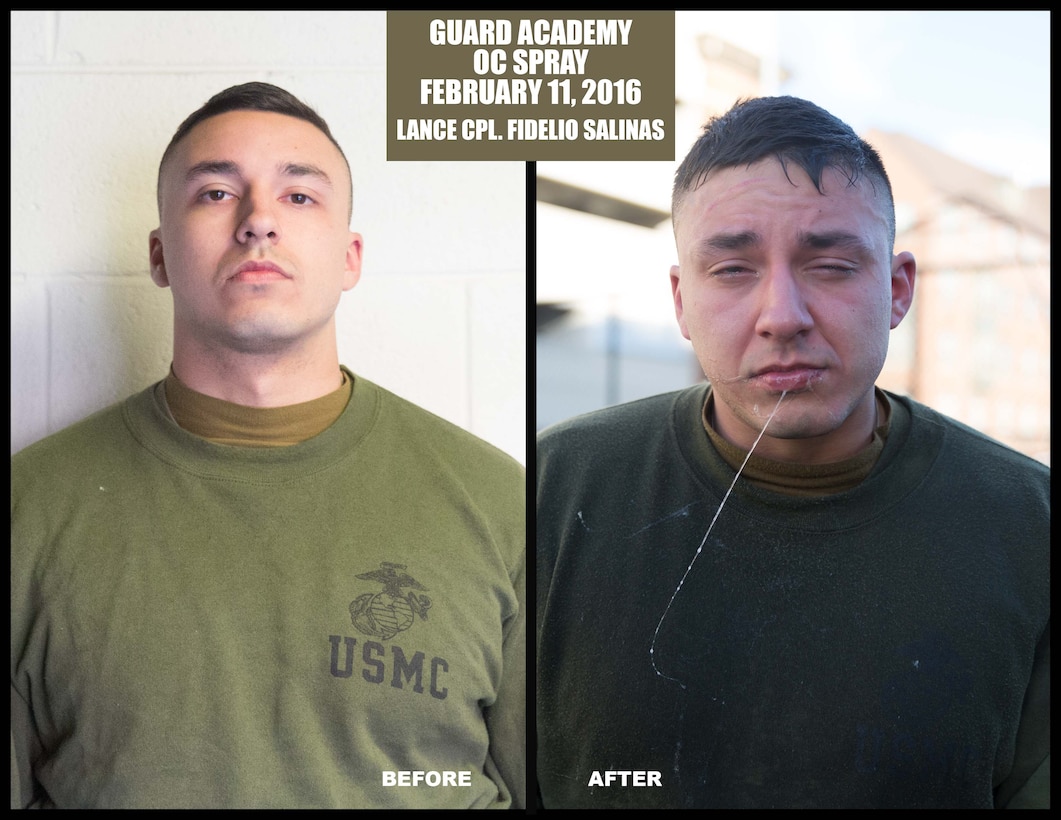 Lance Cpl. Fidelio Salinas, a student with Class B-1, Guard Academy, poses for a photo before and after an oleoresin capsicum spray training at the Marine Barracks Washington, D.C., Annex Field, Feb. 11, 2016. (Official Marine Corps photo by Cpl. Chi Nguyen/Released)
