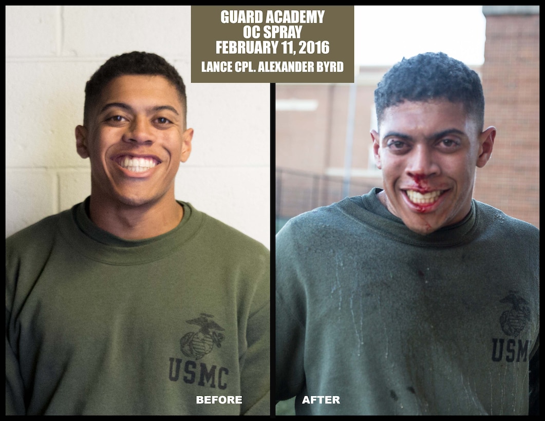 Lance Cpl. Alexander Byrd, a student with Class B-1, Guard Academy, poses for a photo before and after an oleoresin capsicum spray training at the Marine Barracks Washington, D.C., Annex Field, Feb. 11, 2016. (Official Marine Corps photo by Cpl. Chi Nguyen/Released)