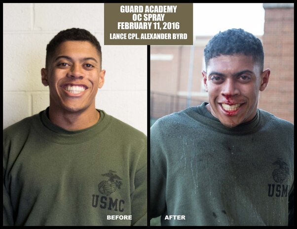 Lance Cpl. Alexander Byrd, a student with Class B-1, Guard Academy, poses for a photo before and after an oleoresin capsicum spray training at the Marine Barracks Washington, D.C., Annex Field, Feb. 11, 2016. (Official Marine Corps photo by Cpl. Chi Nguyen/Released)