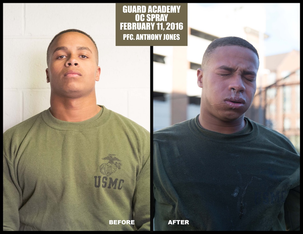 Pfc. Anthony Jones, a student with Class B-1, Guard Academy, poses for a photo before and after an oleoresin capsicum spray training at the Marine Barracks Washington, D.C., Annex Field, Feb. 11, 2016. (Official Marine Corps photo by Cpl. Chi Nguyen/Released)