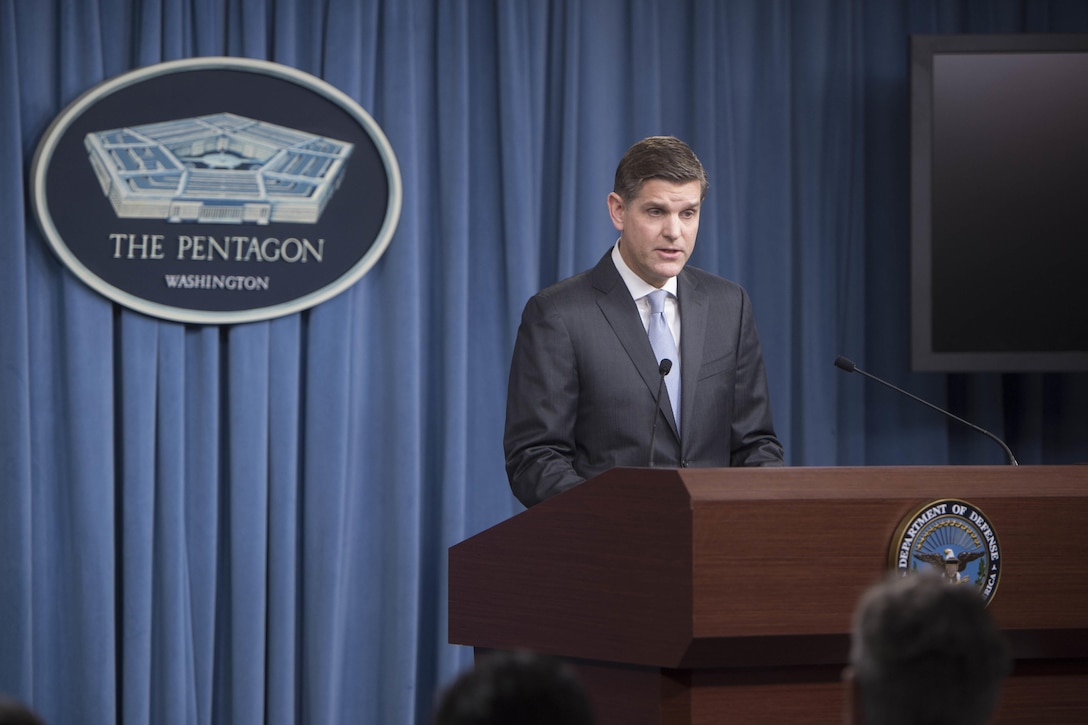 Pentagon Press Secretary Peter Cook addresses reporters' questions during a briefing at the Pentagon, Feb. 16, 2016. DoD photo by Navy Petty Officer 1st Class Tim D. Godbee