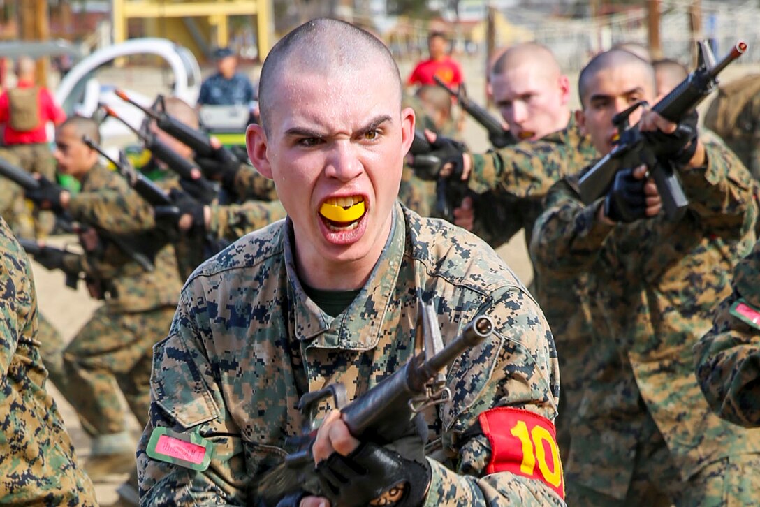 A Marine Corps recruit practices the forward thrust technique during a Marine Corps Martial Arts Program session at Marine Corps Recruit Depot San Diego, Feb. 10, 2016. The recruit is assigned to Alpha Company, 1st Recruit Training Battalion. Marine Corps photo by Lance Cpl. Angelica I. Annastas