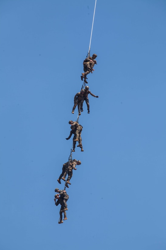 U.S., Thai, and Republic of Korea Marines conduct Special Patrol Insertion/Extraction (SPIE) rigging exercise during Cobra Gold 16, Sattahip, Thailand, Feb. 12, 2016.  SPIE system was developed as a means to rapidly insert and/or extract a reconnaissance patrol from an area that does not permit a helicopter to land.  Cobra Gold, in its 35th iteration, is designed to advance regional security and ensure effective responses to regional security crises by bringing together a robust combined task force from partner nations sharing common goals and security commitments in the Indo-Asia-Pacific. 