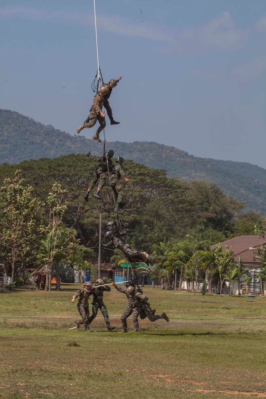 U.S., Thai, and Republic of Korea Marines conduct Special Patrol Insertion/Extraction (SPIE) rigging exercise during Cobra Gold 16, Sattahip, Thailand, Feb. 12, 2016.  SPIE system was developed as a means to rapidly insert and/or extract a reconnaissance patrol from an area that does not permit a helicopter to land.  Cobra Gold, in its 35th iteration, is designed to advance regional security and ensure effective responses to regional security crises by bringing together a robust combined task force from partner nations sharing common goals and security commitments in the Indo-Asia-Pacific.
