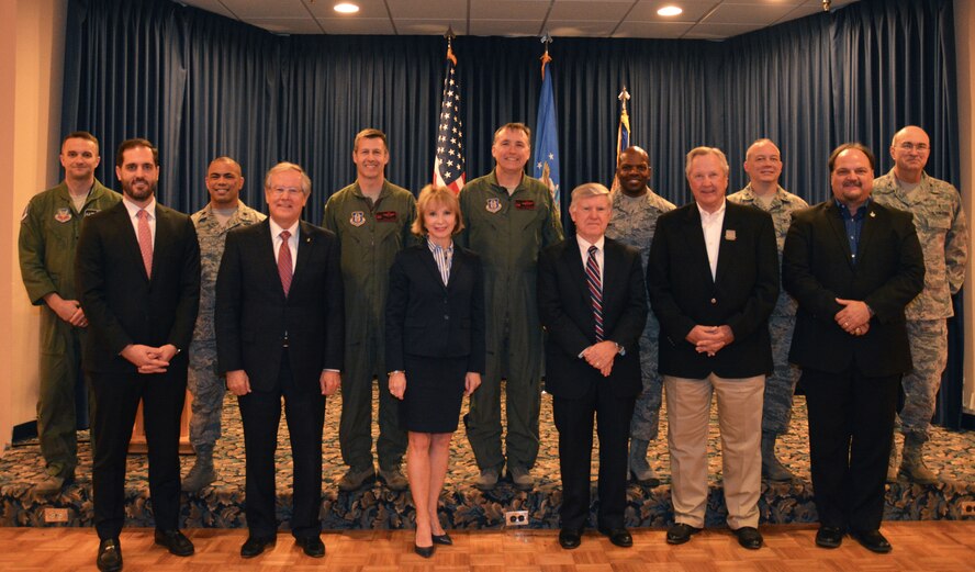 NAVAL AIR STATION FORT WORTH JOINT RESERVE BASE, Texas -- Senior leaders of the 301st Fighter Wing pose for a group photo behind honorary commanders Feb. 6 following the induction ceremony here. This is the first 301 FW honorary commanders program since the wing relocated to Carswell Air Force Base in 1972. (U.S. Air Force photo by Staff Sgt. Samantha Mathison)