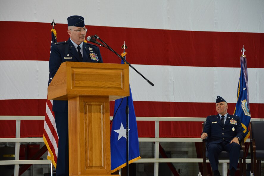 Col. Jonathan Philebaum addresses the men and women of the 932d Airlift Wing after taking command of the unit Feb. 7, 2016, at Scott Air Force Base, Illinois. (U.S. Air Force photo by Tech. Sgt. Jodi Ames)