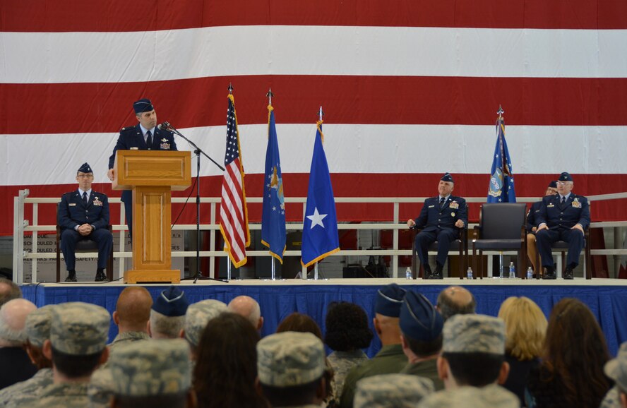Col. Karl Goerke speaks to the men and women of the 932d Airlift Wing during the unit's change of command ceremony Feb. 7, 2016, at Scott Air Force Base, Illinois. (U.S. Air Force photo by Tech. Sgt. Jodi Ames)