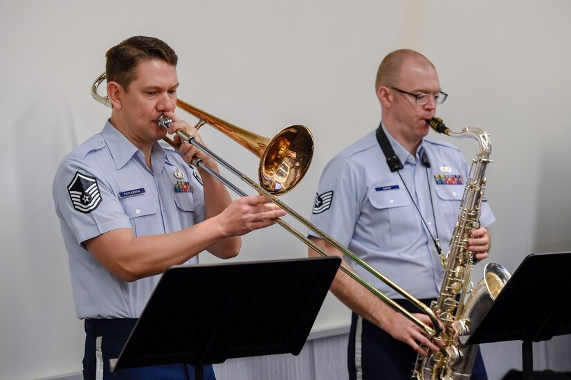 Airmen of Note members Master Sgt. Benjamin Patterson (left), trombonist, and Tech. Sgt. Tedd Baker, tenor saxophonist, perform during a District of Columbia Public Schools’ professional development training at the National Museum of American History in Washington, D.C., Feb. 12, 2016. The training was held for District of Columbia Public Schools’ music teachers. (U.S. Air Force photo/Senior Airman Ryan J. Sonnier/RELEASED)