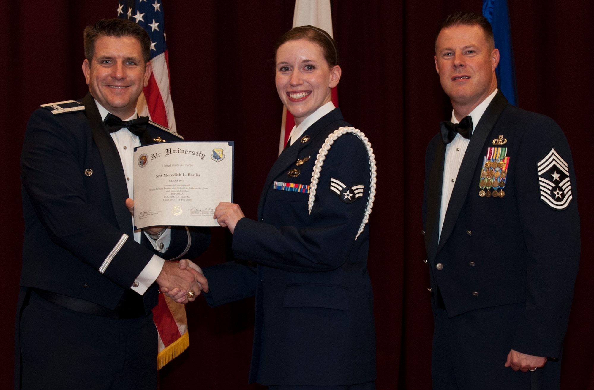 U.S. Air Force Senior Airman Meredith Banks, 390th Intelligence Squadron and Airman Leadership School graduate, is the recipient of the John L. Levitow Award during the ALS Class 16-B graduation ceremony Feb. 11, 2016, at Kadena Air Base, Japan. This award is presented to the student who earns the highest average score on evaluations and most embodies the Air Force core values. (U.S. Air Force photo by Airman 1st Class Lynette M. Rolen)