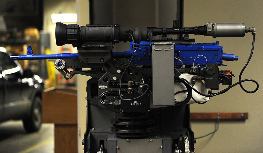 The RTES or Remote Target Engagement System is a remotely operated M240B machine gun used in the protection of Priority Level 1 resources at Minot Air Force Base, N.D., Jan. 29, 2016. It is remotely operated by using a touch screen and a controller that resembles a gaming console controller. (U.S. Air Force photo/Senior Airman Kristoffer Kaubisch)