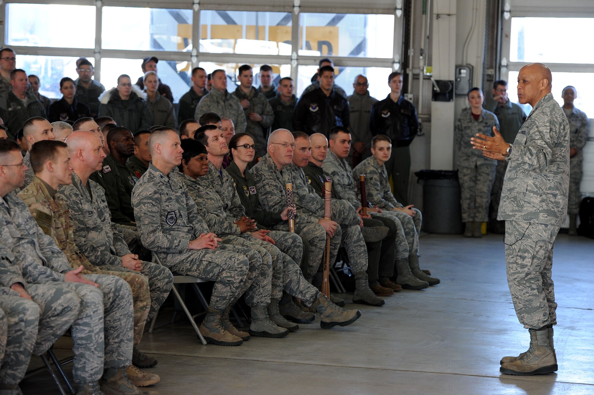Maj. Gen. Anthony Cotton, 20th Air Force and Combined Task Force 214 commander, speaks with Airmen from the 91st Missile Wing at Minot Air Force Base, N.D., Feb. 12, 2016. General Cotton discussed his impression of Team Minot and his thoughts for the future of 20th Air Force’s initiatives. (U.S. Air Force photo/Senior Airman Kristoffer Kaubisch)