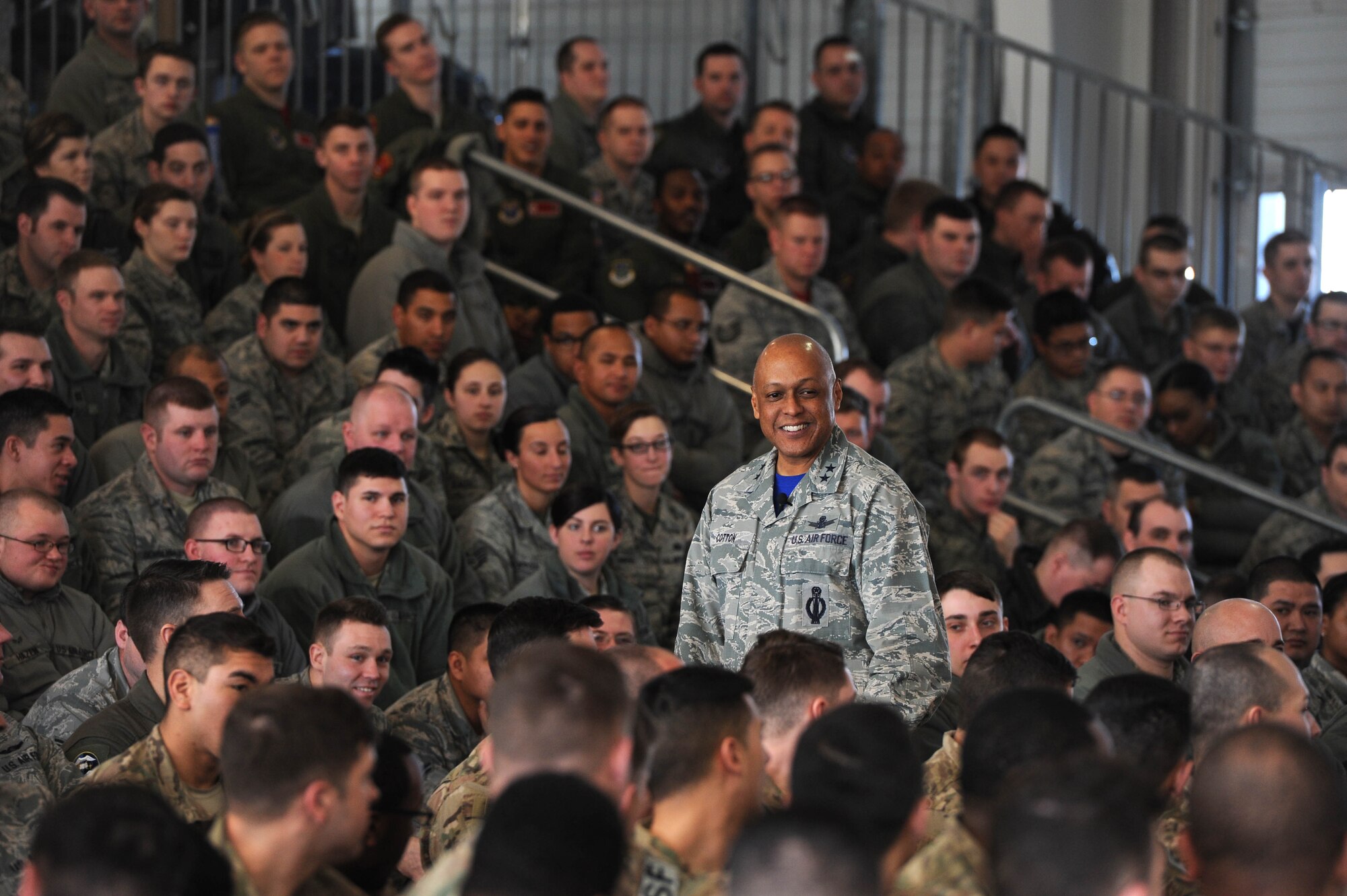 Maj. Gen. Anthony Cotton, 20th Air Force and Combined Task Force 214 commander, speaks with Airmen from the 91st Missile Wing at Minot Air Force Base, N.D., Feb. 12, 2016. General Cotton discussed his impression of Team Minot and his thoughts for the future of 20th Air Force’s initiatives. (U.S. Air Force photo/Senior Airman Kristoffer Kaubisch)