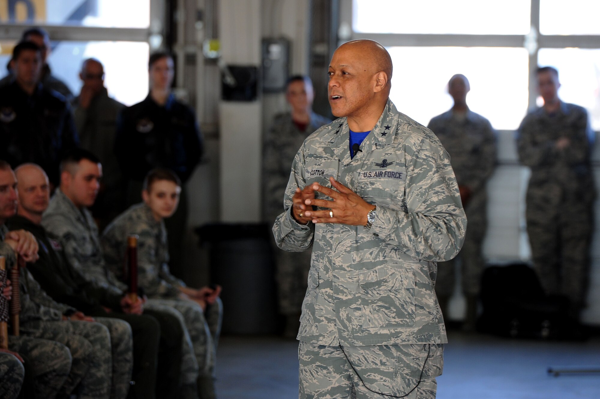 Maj. Gen. Anthony Cotton, 20th Air Force and Combined Task Force 214 commander, speaks with Airmen from the 91st Missile Wing at Minot Air Force Base, N.D., Feb. 12, 2016. General Cotton discussed his impression of Team Minot and his thoughts for the future of 20th Air Force’s initiatives. (U.S. Air Force photo/Senior Airman Kristoffer Kaubisch)