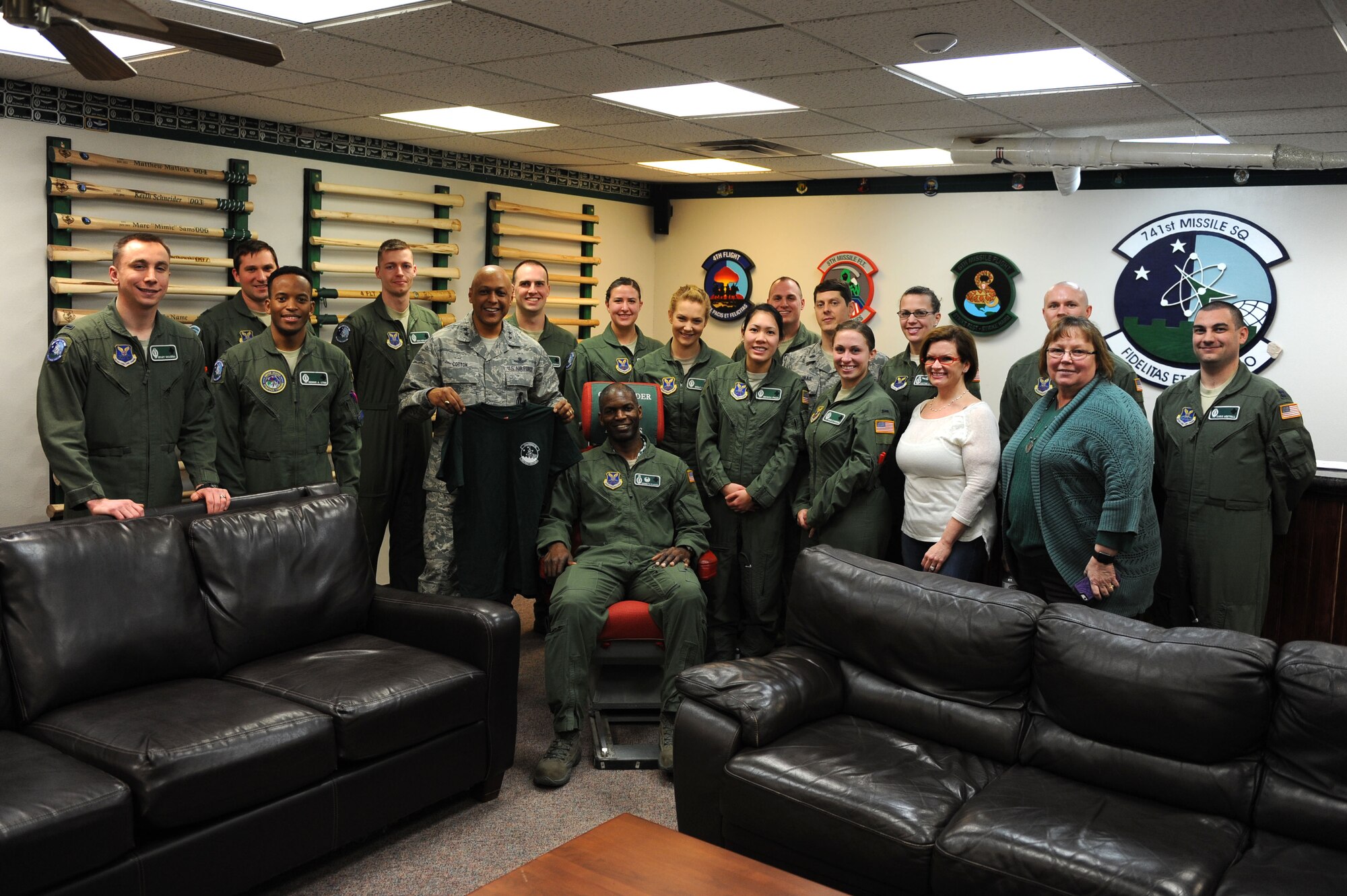 Maj. Gen. Anthony Cotton, 20th Air Force and Combined Task Force 214 commander, visits with missileers from the 741st Missile Squadron at Minot Air Force Base, N.D., Feb. 12, 2016. This was Maj. Gen. Cotton’s first visit to Minot AFB as the Commander of the 20th AF. (U.S. Air Force photo/Senior Airman Kristoffer Kaubisch)