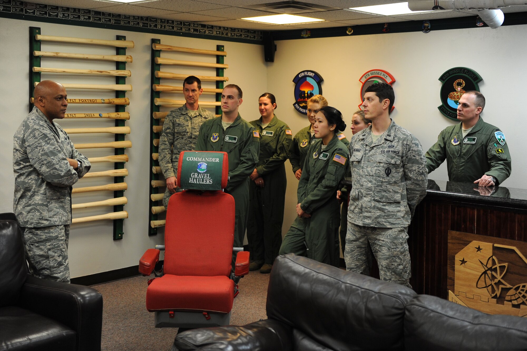 Maj. Gen. Anthony Cotton, 20th Air Force and Combined Task Force 214 commander, visits with missileers from the 741st Missile Squadron at Minot Air Force Base, N.D., Feb. 12, 2016. This was Maj. Gen. Cotton’s first visit to Minot AFB as the Commander of the 20th AF. (U.S. Air Force photo/Senior Airman Kristoffer Kaubisch)