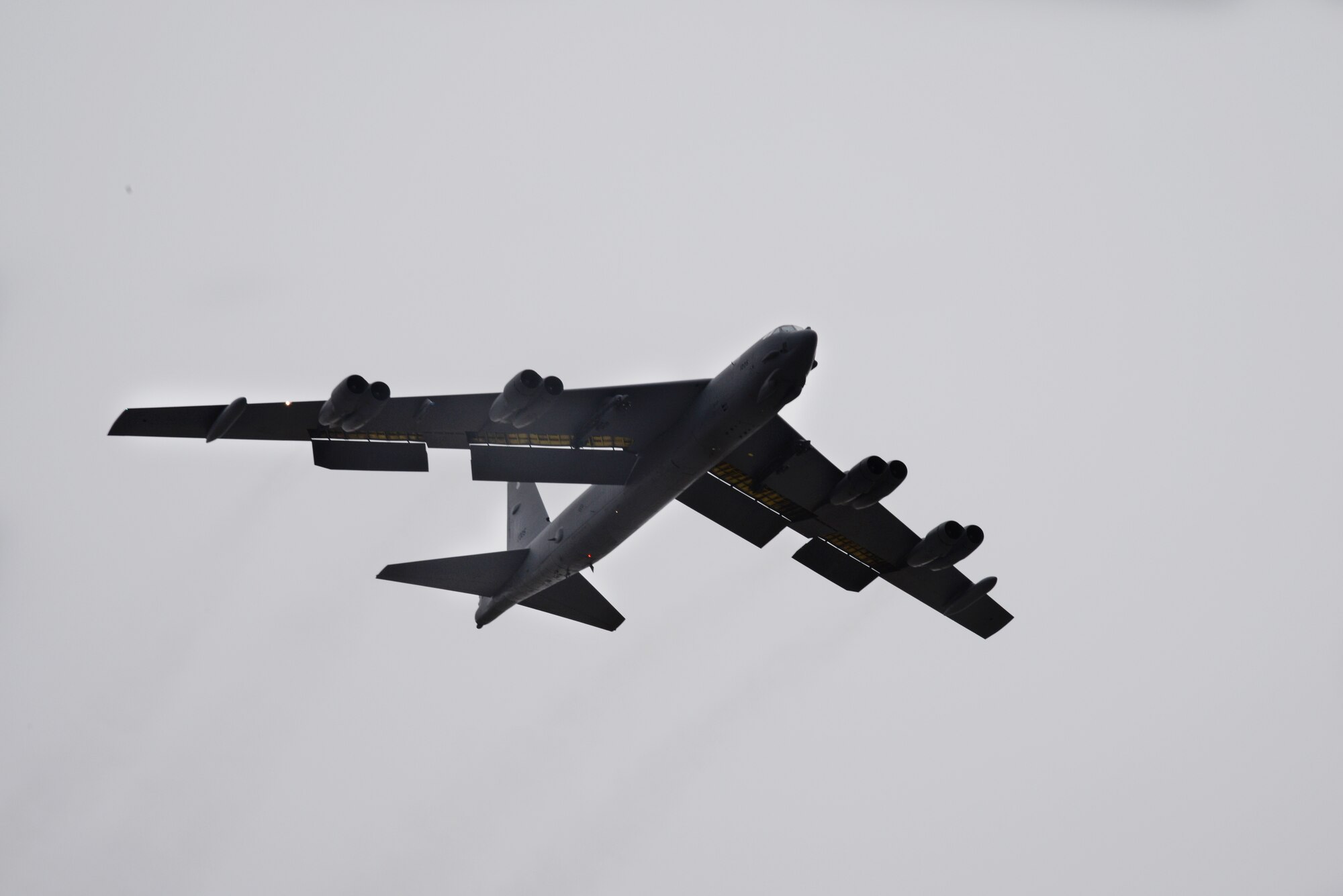 A B-52H Stratofortress prepares for landing during exercise Combat Hammer at Minot Air Force Base, N.D., Feb. 9, 2016. Combat Hammer, a week-long air-to-ground combat training exercise, allows exercise evaluators to assess the employment of various munitions used by the B-52 from storage through impact. (U.S. Air Force photo/Airman 1st Class Christian Sullivan)