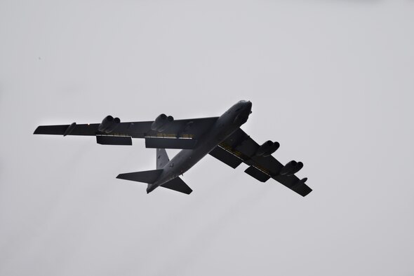A B-52H Stratofortress prepares for landing during exercise Combat Hammer at Minot Air Force Base, N.D., Feb. 9, 2016. Combat Hammer, a week-long air-to-ground combat training exercise, allows exercise evaluators to assess the employment of various munitions used by the B-52 from storage through impact. (U.S. Air Force photo/Airman 1st Class Christian Sullivan)