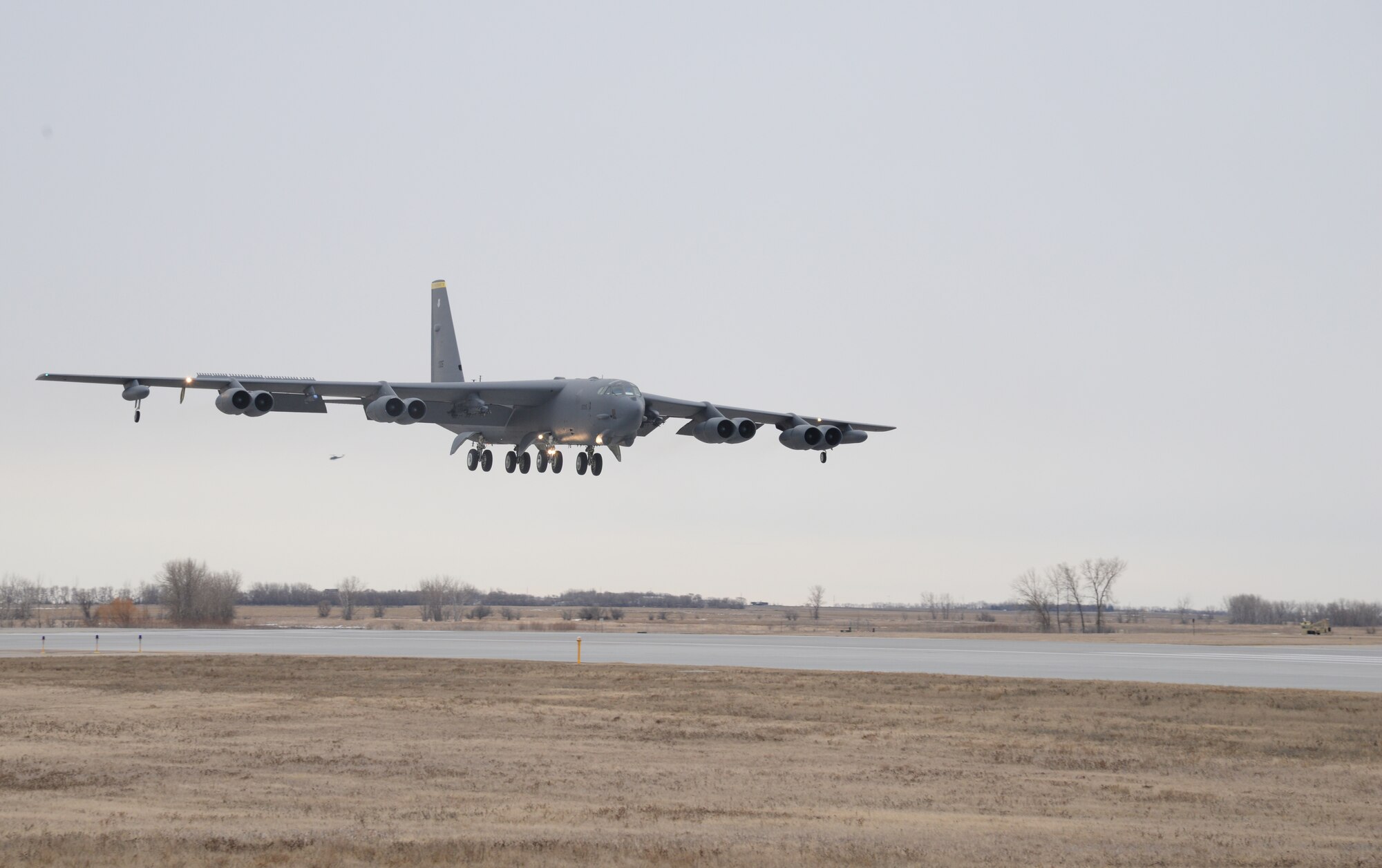 A B-52H Stratofortress lands during exercise Combat Hammer at Minot Air Force Base, N.D., Feb. 9, 2016. According to exercise officials, the objective of the exercise was to evaluate the reliability and efficiency of existing combat weapons systems while also assessing the Air Force’s air-to-ground munitions program. (U.S. Air Force photo/Airman 1st Class Christian Sullivan)