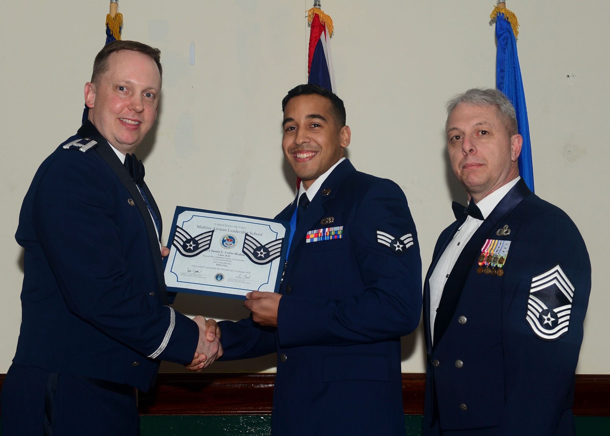 Airmen graduated from Mathies Airman Leadership School, Royal Air Force Feltwell, England at RAF Lakenheath, Feb. 11, 2016. ALS strives to provide Airmen with the ability to be strategic thinkers, planners and warfighters as well as leadership and management skills. (U.S. Air Force photo by Senior Airman Nigel Sandridge/Released)