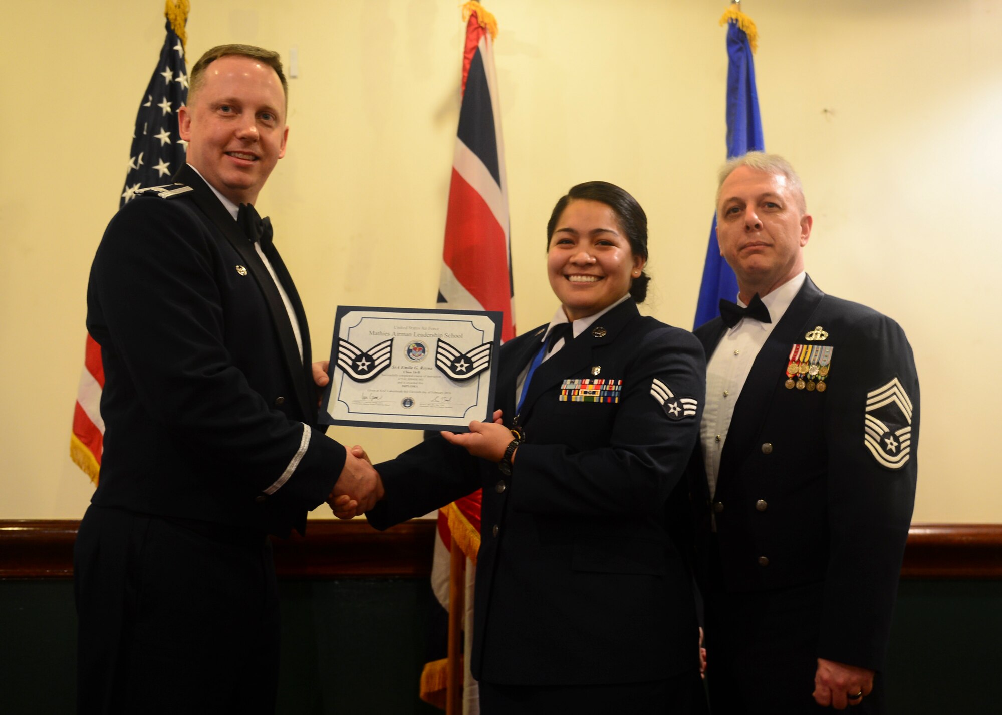 Airmen graduated from Mathies Airman Leadership School, Royal Air Force Feltwell, England at RAF Lakenheath, Feb. 11, 2016. ALS strives to provide Airmen with the ability to be strategic thinkers, planners and warfighters as well as leadership and management skills. (U.S. Air Force photo by Senior Airman Nigel Sandridge/Released)