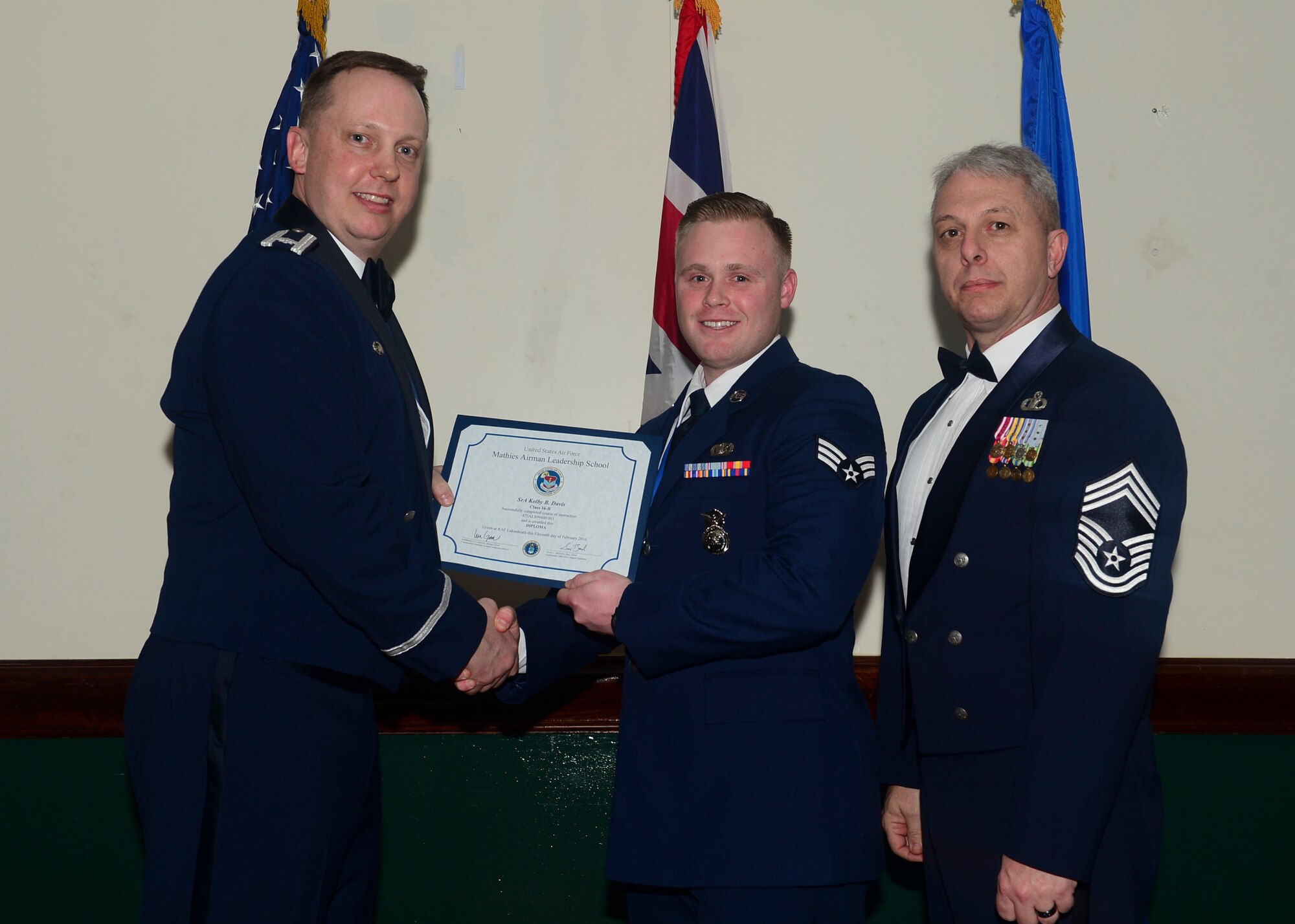 Airmen graduated from Mathies Airman Leadership School, Royal Air Force Feltwell, England at RAF Lakenheath, Feb. 11, 2016. ALS strives to provide Airmen with the ability to be strategic thinkers, planners and warfighters as well as leadership and management skills. (U.S. Air Force photo by Senior Airman Nigel Sandridge/Released)