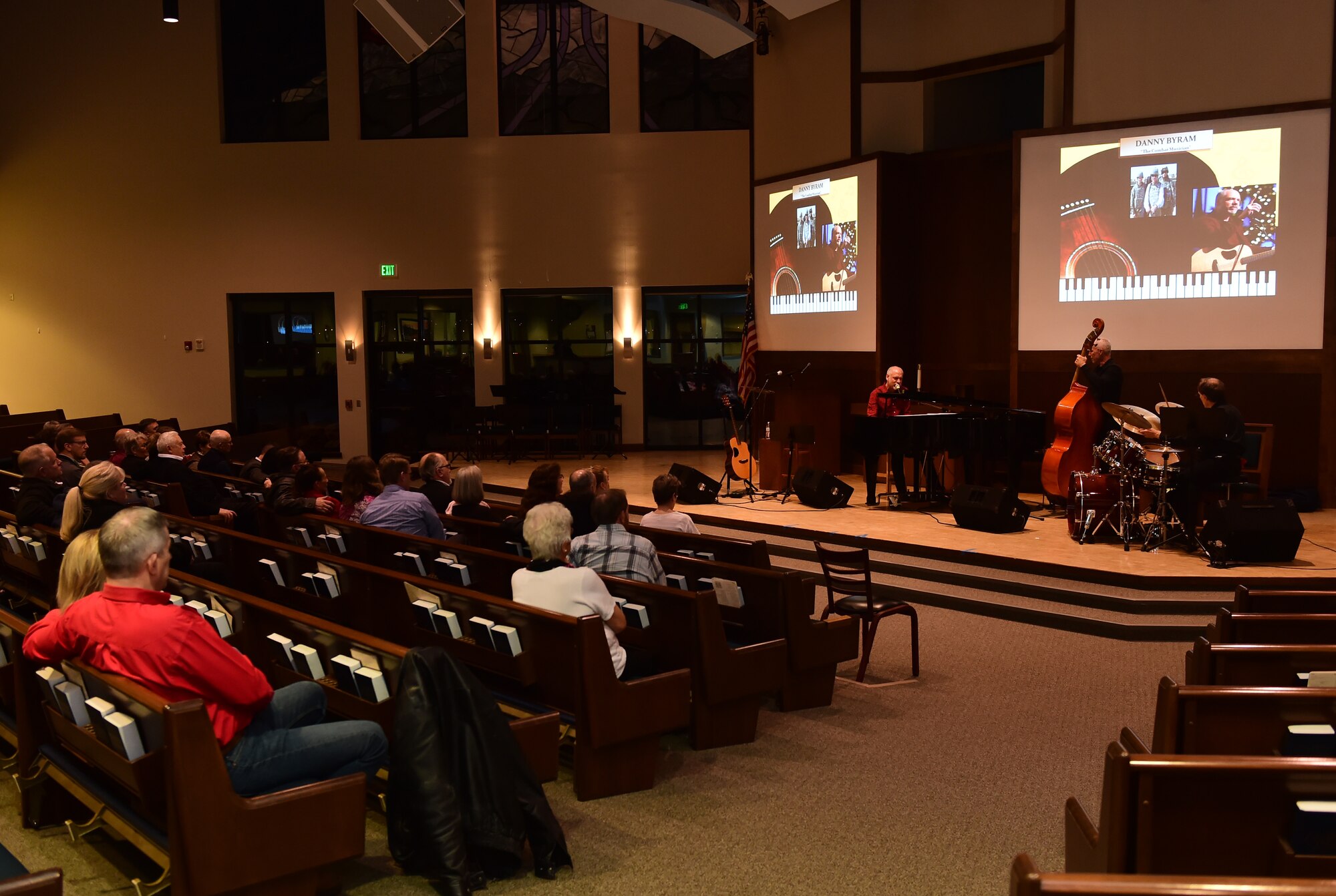 Danny Byram, a musician, plays at the Buckley Chapel with his band Feb. 12, 2016, on Buckley Air Force Base, Colo. Nicknamed “The Combat Musician,” Byram has performed at more than 100 U.S. military installations worldwide, more than any other Christian musician. (U.S. Air Force photo by Airman 1st Class Luke W. Nowakowski/Released)