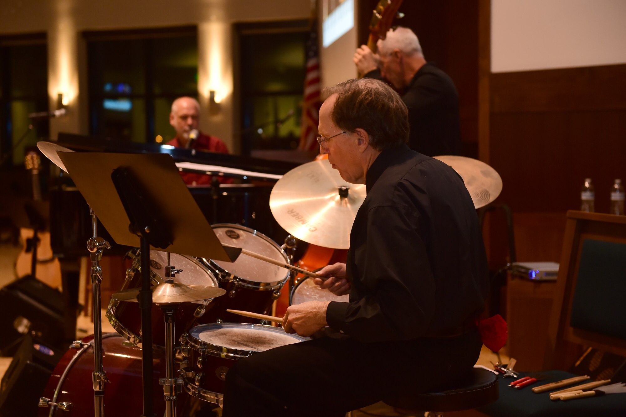 Danny Byram and his band play for members of the Buckley community Feb. 12, 2016, at the Buckley Chapel on Buckley Air Force Base, Colo.  Nicknamed “The Combat Musician,” Byram has performed at more than 100 U.S. military installations worldwide, more than any other Christian musician. (U.S. Air Force photo by Airman 1st Class Luke W. Nowakowski/Released)