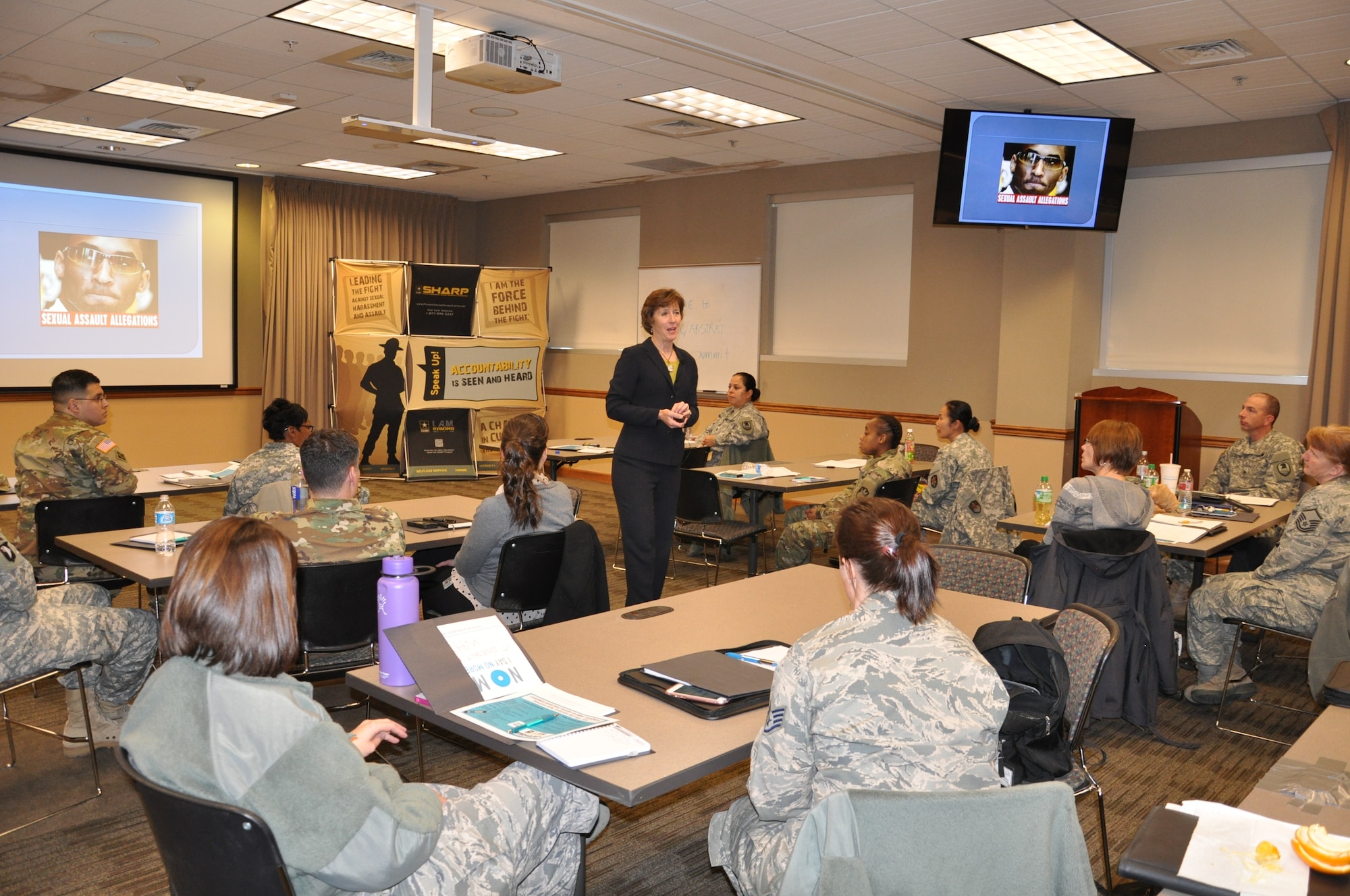 PETERSON AIR FORCE BASE, Colo. - Anne Munch, an attorney with 27 years of experience as a career prosecutor and advocate for victims of domestic violence, sexual assault and stalking, speaks to attendees during the Sexual Harassment/Assault Response and Prevention Summit Jan. 28-29 here. As a subject matter expert for the U.S. Air Force, the U.S. Army and the U.S. Navy, Munch has worked extensively on the development of the Sexual Assault Prevention and Response programs in the military. (photo by Dottie K. White)