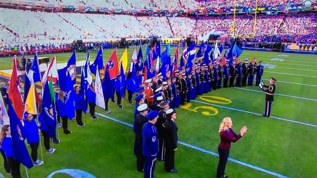 The United States Air Force Band Singing Sergeants had the honor to sing with the Joint Armed Service Choir as part of the opening ceremony for Super Bowl 50 at Levi's Stadium in Santa Clara, California.  The group's performance of America the Beautiful was followed by a presentation of the colors by the Joint Armed Services Color Guard. (U.S. Air Force Photo/released)