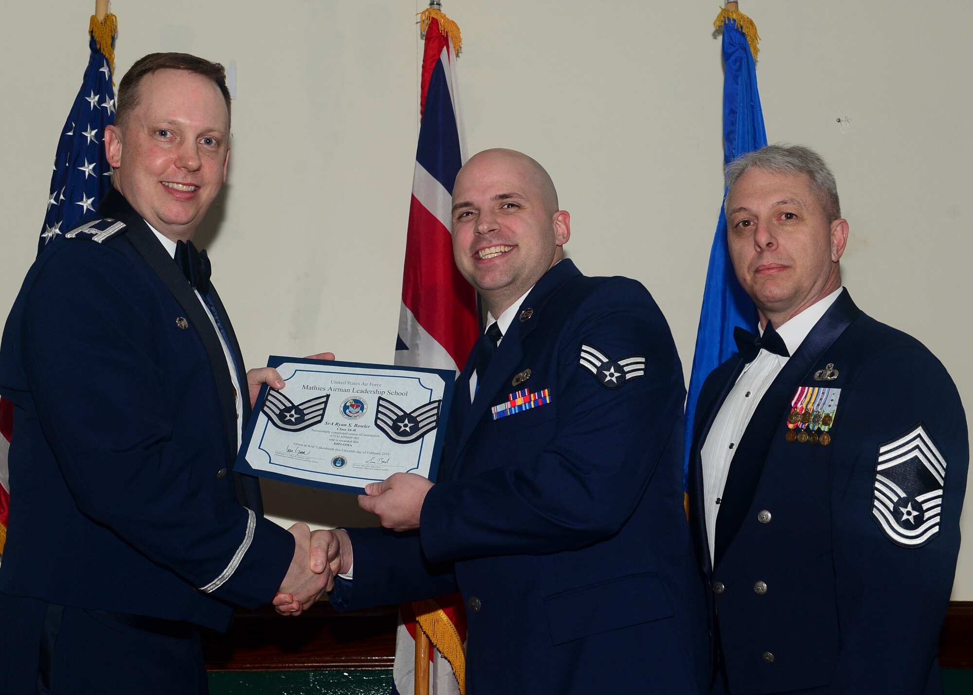 Airmen graduated from Mathies Airman Leadership School, Royal Air Force Feltwell, England at RAF Lakenheath, Feb. 11, 2016. ALS strives to provide Airmen with the ability to be strategic thinkers, planners and warfighters as well as leadership and management skills. (U.S. Air Force photo by Senior Airman Nigel Sandridge/Released)