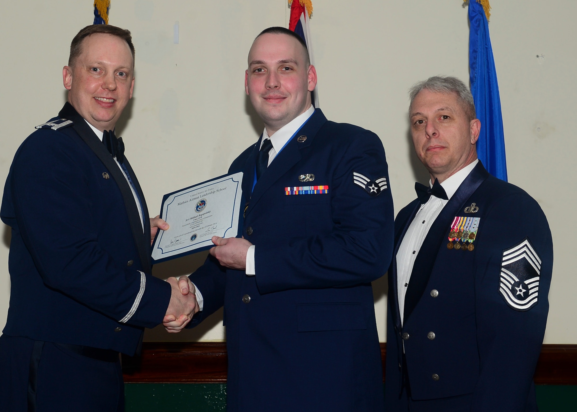Airmen graduated from Mathies Airman Leadership School, Royal Air Force Feltwell, England at RAF Lakenheath, Feb. 11, 2016. ALS strives to provide Airmen with the ability to be strategic thinkers, planners and warfighters as well as leadership and management skills. (U.S. Air Force photo by Senior Airman Nigel Sandridge/Released)
